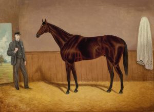 Painting of Alfred Eccles owner of the Four Mile Hotel with his champion racehorse Le Var